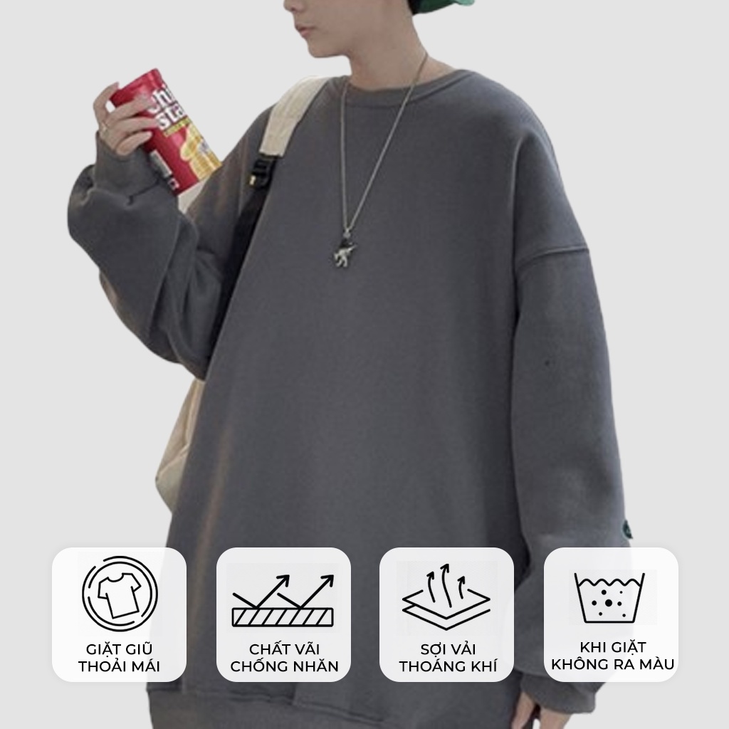 Áo Sweater Nỉ Bông Nam, Nữ Basic Form Rộng Unisex Màu Xám SWT 900