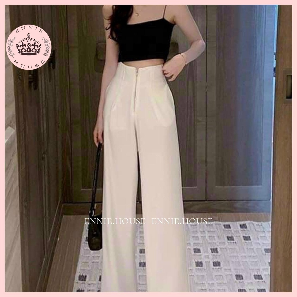 Quần Ống Rộng Culottes Nữ Ennie Cạp Cao Trắng Đen Có Khóa Trước Đứng Dáng Suông Chất Liệu NA004