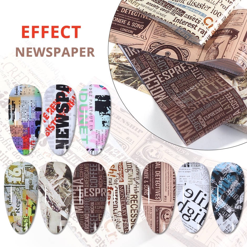 10pcs Nail Foil Sticker Vintage Newspaper Gel Set Mixed Flower Marble Adhesive Transfer Decal Starry