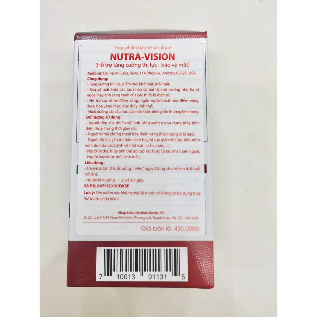 NUTRA VISION OLYMPIAN LABS - Hỗ trợ tăng cường thị lực, bảo vệ mắt.