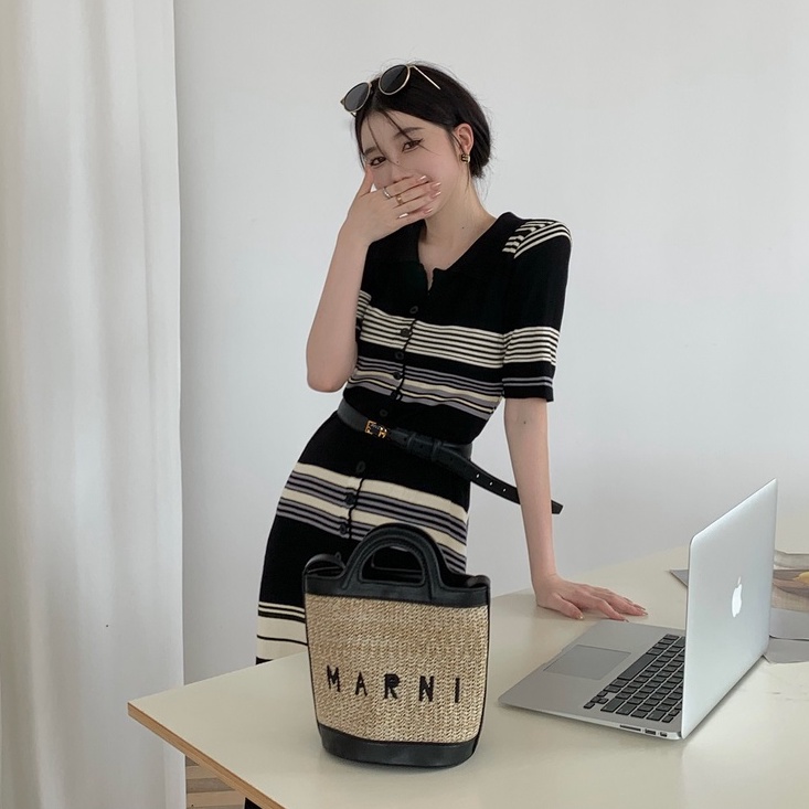 Đầm ZHELIHANGFEI dệt kim cổ polo dáng ôm họa tiết kẻ sọc ngang thời trang sang trọng dành cho nữ