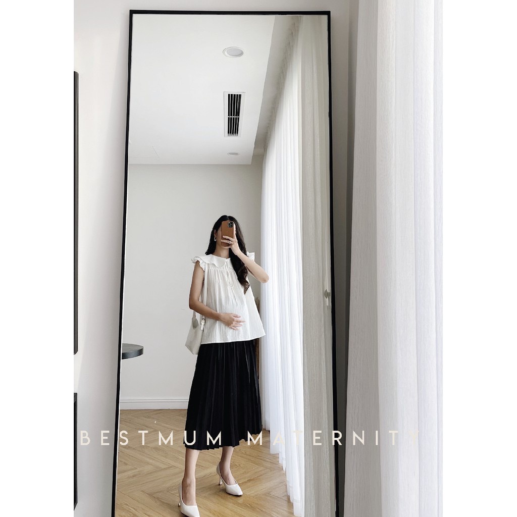 Chân váy bầu lửng xếp ly 2 lớp lưng cao phong cách Hàn Quốc thời trang cho bà bầu-xuongmaydobau
