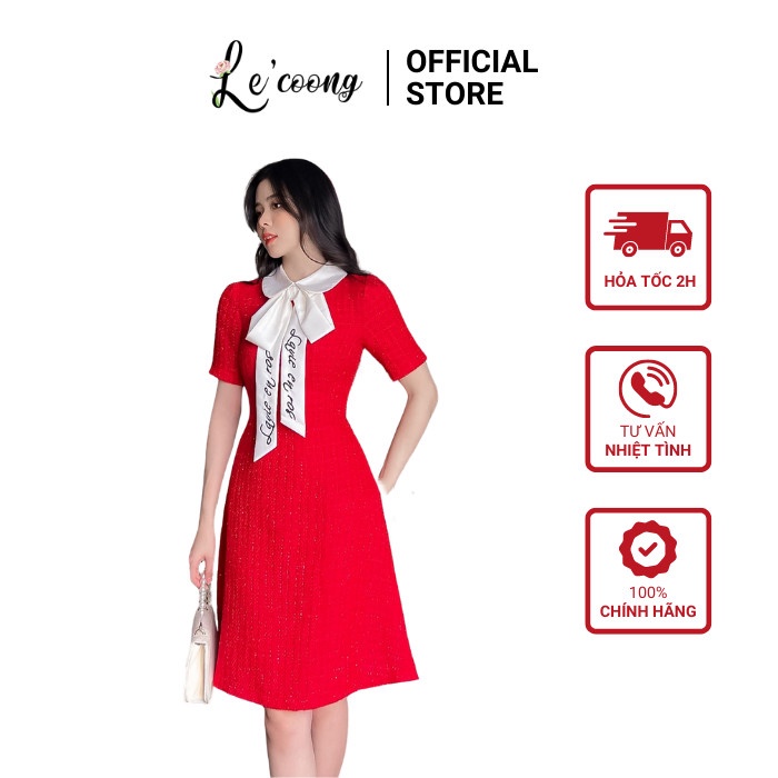 Đầm Đỏ Dự Tiệc LECOONG V143 Nơ Cổ Công Sở Mặc Đi Tiệc Đi Chơi Tết Dáng Thanh Lịch