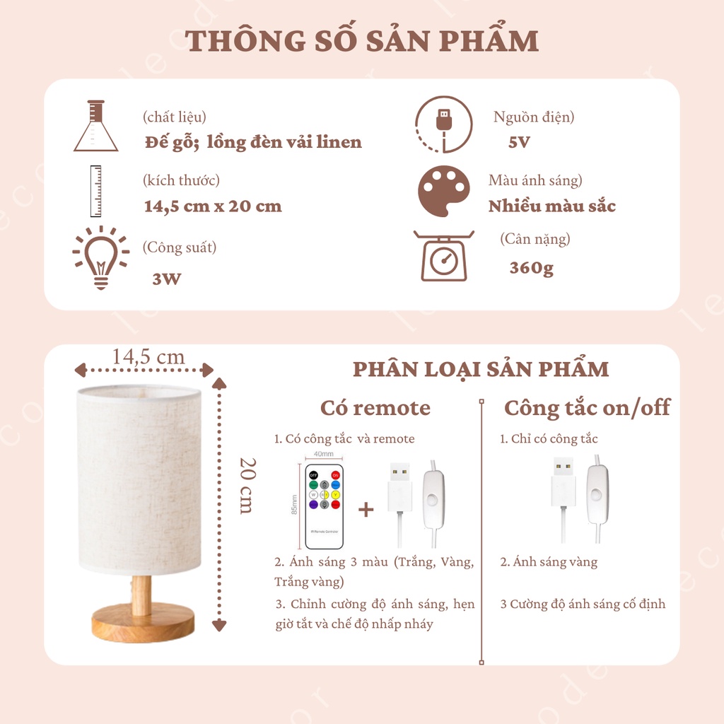 Đèn ngủ đế gỗ hình trụ chao vải lanh, đèn ngủ để bàn trang trí phòng ngủ có hẹn giờ - LEODEN Decor