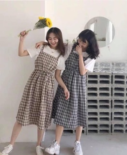 SET YẾM VÁY KẺ CARO + ÁO COTON
