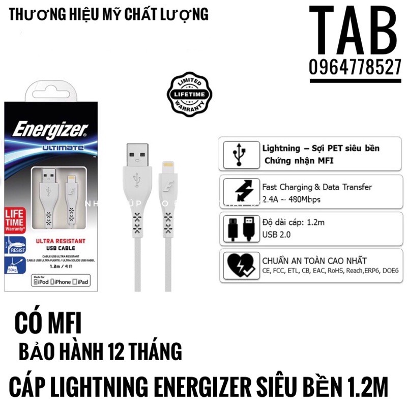 Cáp Lightning Energizer Siêu Bền 1.2m Có MFI - ULTIMATE C41UBLIG (Bảo Hành 12T)