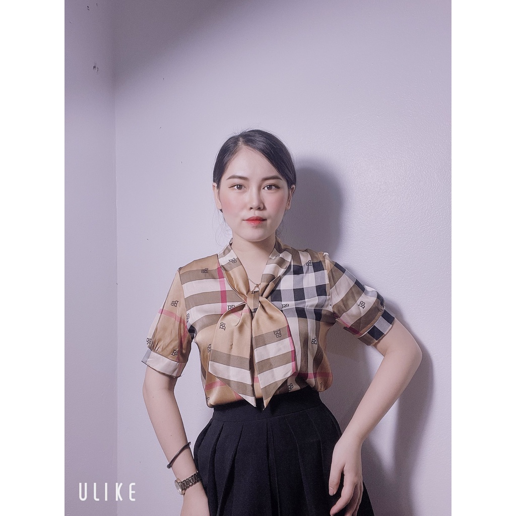 Áo sơ mi nữ lụa cộc tay cao cấp công sở họa tiết tờ báo chữ, kẻ caro, áo sơ mi họa tiết thiết kế MQ Boutique
