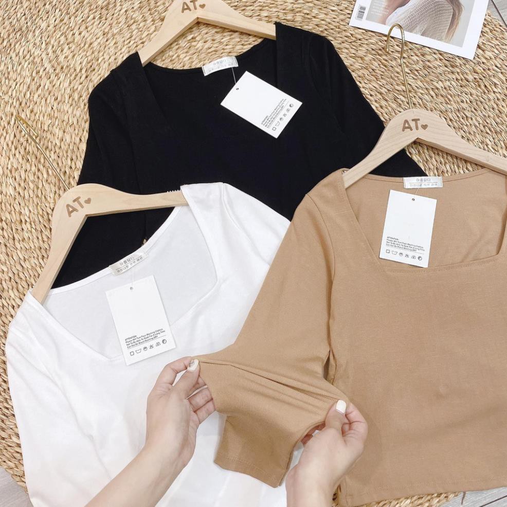 Áo Croptop Len ZIP Cổ Vuông Nữ ♥ Thun tăm dài tay, phông trơn body dáng suông ôm màu ĐEN | TRẮNG | NUDE Ulzzang HOT ♥ *