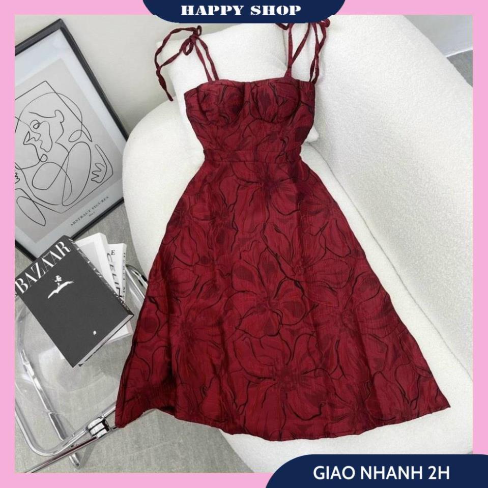 Váy Xòe Đỏ Dáng Dài, Đầm 2 Dây Cúp Ngực Cột Vai Chất Gấm Dày Dặn Họa Tiết Bắt Mắt, Váy Dự Tiệc Sang Chảnh.