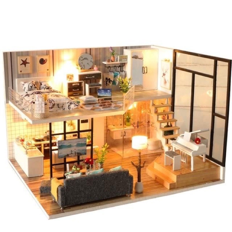 Mô hình nhà gỗ diy tự lắp ghép - mô hình nhà hiện đại (Tặng mica chắn bụi và keo)