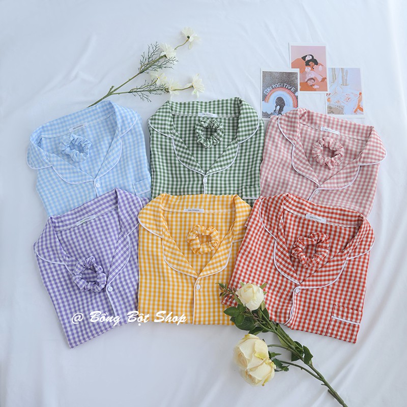 BỘ ĐỒ NGỦ MẶC NHÀ THÔ KẺ CARO HOT TREND 2021 (TẶNG KÈM SCRUNCHIES)