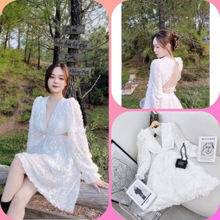 Đầm đi chơi hoa cổ V lông vũ phối bèo, Đầm váy đi chơi dự tiệc tiểu thư hở lưng