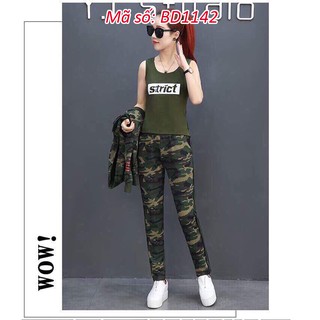 ➡️#BD1142 Set nguyên bộ thể thao thu đông 3sp lính rằn ri SITRICT áo dây kéo có nón kèm áo trong xinh xắn