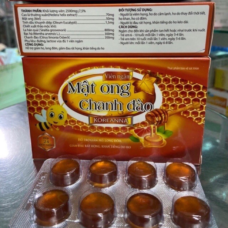Viên Ngậm Mật ong Chanh Đào giảm ho, giảm đau rát cổ họng, bị khan tiếng hộp 24 viên
