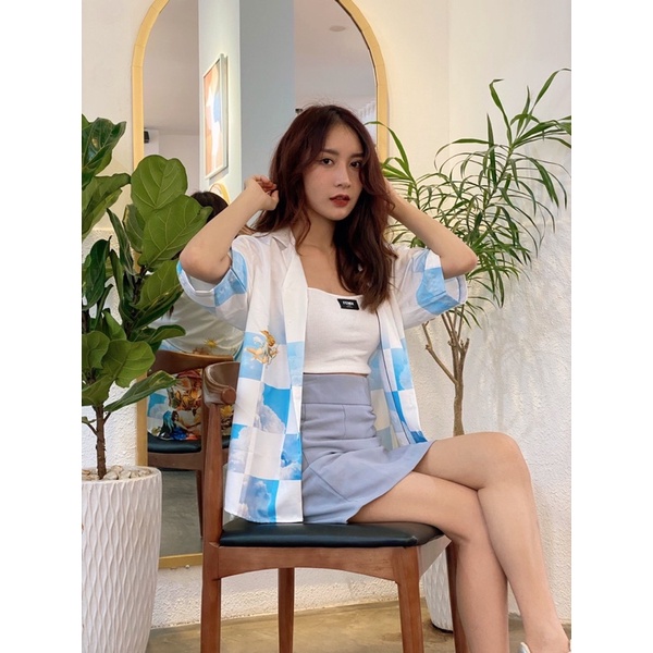 Áo sơ mi nam ngắn tay Họa tiết Form rộng, Caro trắng xanh - Local brand  CHÍNH HÃNG