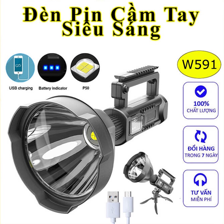 Đèn pin siêu sáng W591 chiếu xa 1000m chống thấm nước, đèn pin cầm tay có chân đế dung lượng 8000mAh, 4 chế độ