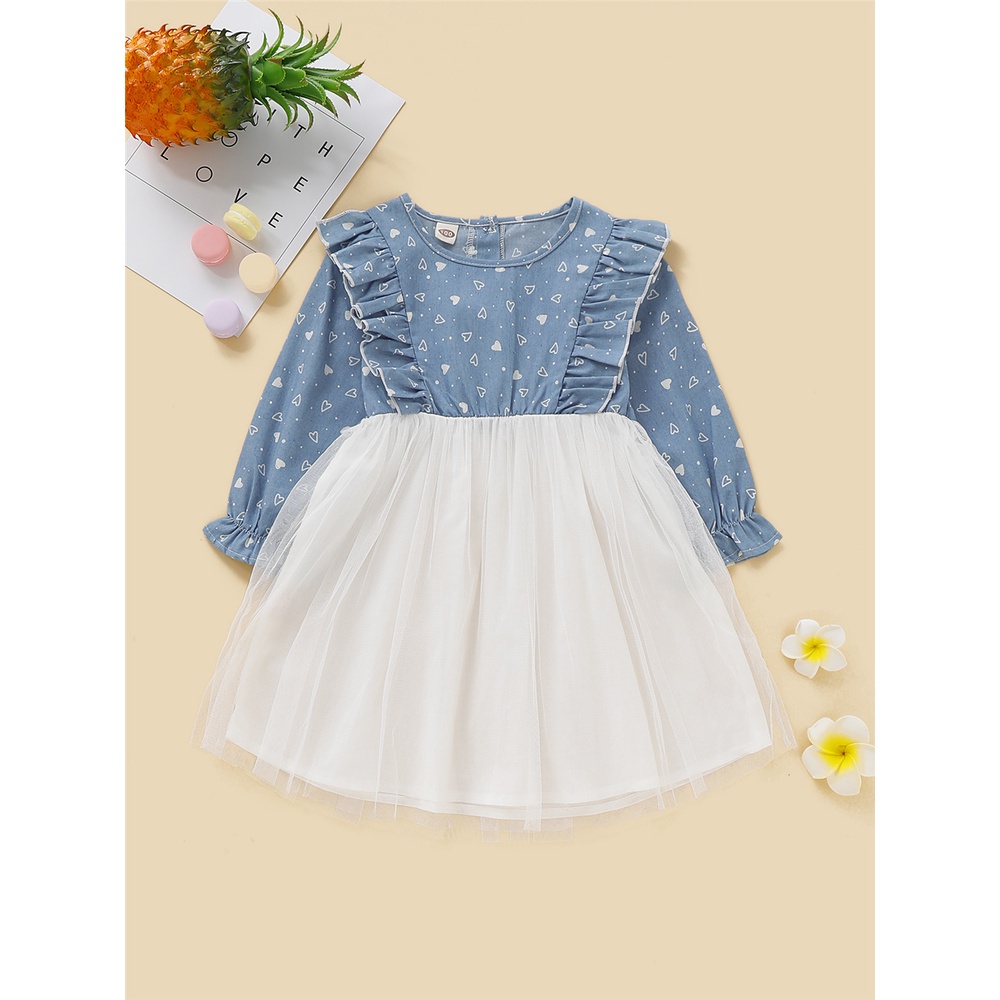 Đầm công chúa MIKRDOO tay dài họa tiết trái tim viền diềm xếp thời trang cho bé gái 1-5 tuổi