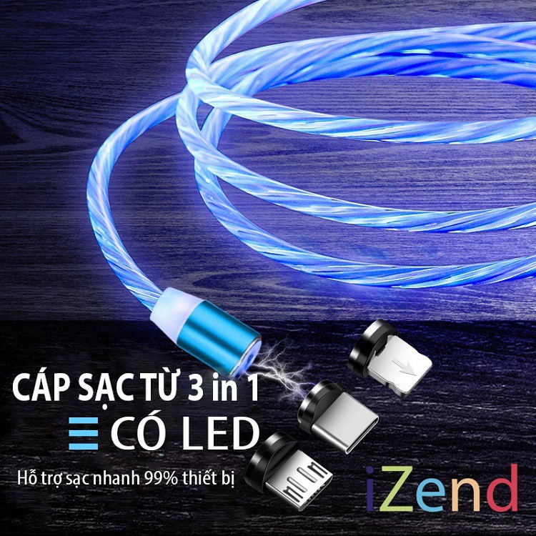 Cáp sạc 3 đầu từ tính hít nam châm 360 cổng tròn chân Micro USB dây phát sáng led dòng chảy tuyệt đẹp siêu bền