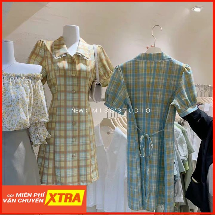 Váy kẻ cổ ren⚡ FREE SHIP⚡ Váy tay ngắn, tay bồng, dáng váy chứ A xòe nhẹ tạo cho nàng cảm giác sành điệu, đài các | BigBuy360 - bigbuy360.vn