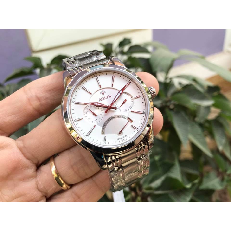 Đồng hồ nam AOLIX AL7061G chạy 6 kim dây trắng mặt trắng dáng thể thao, kính sapphire chống xước, ch