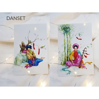 Set 2 postcard thiếu nữ chơi đàn nhị và đàn tỳ bà