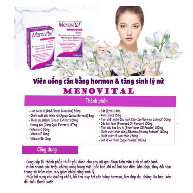 Viên uống cân bằng nội tiết tố Menovital HealthAid - chống lão hoá, đẹp da... cho phụ nữ trước, trong và sau mãn kinh...