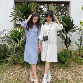 Váy sơ mi xuông dài tay bánh bèo vải cotton Hamy V-06