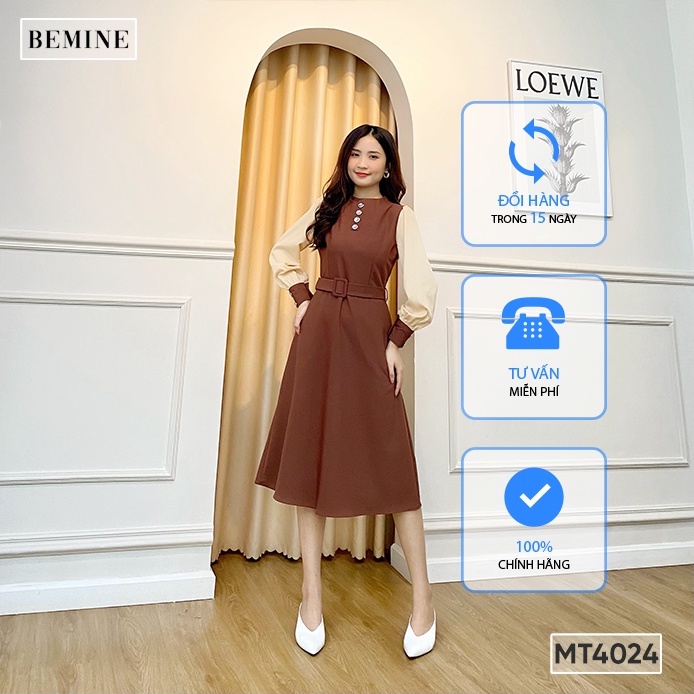 Đầm tay dài phối cổ trụ BEMINE MT4024NAU