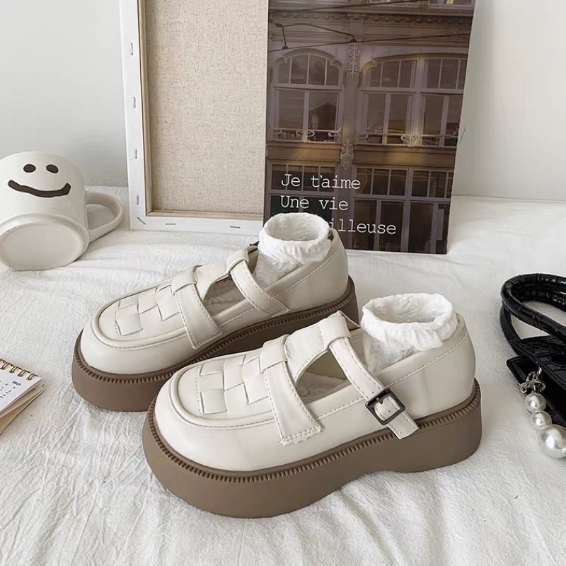 Giày oxford có quai dáng đan dây đế nâu bánh mì loafer vintage Yannie Lolita