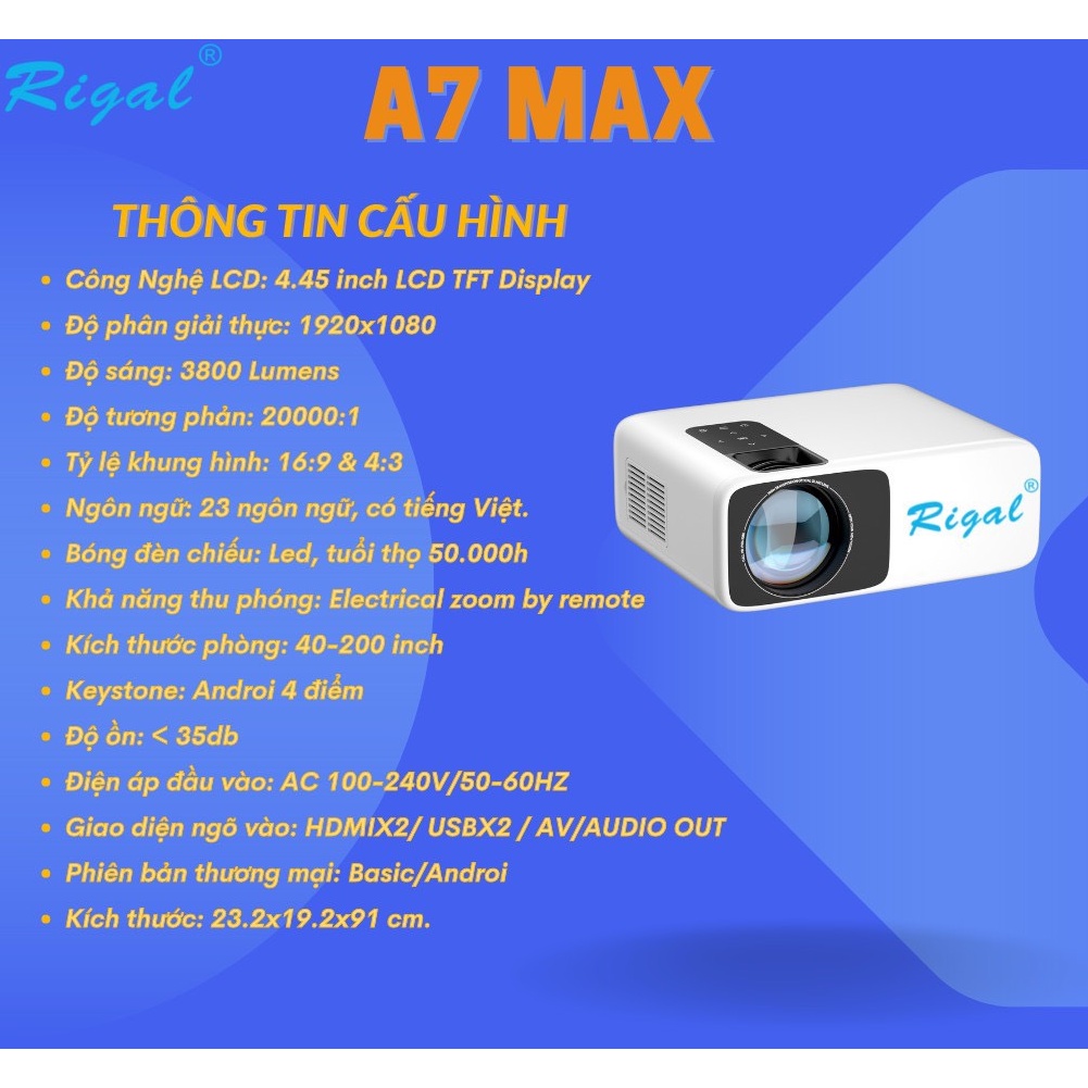 Máy chiếu mini Rigal A7 max - Fullhd 1080P Chuẩn - Hàng chính hãng - BH 12 tháng | NMSTORE