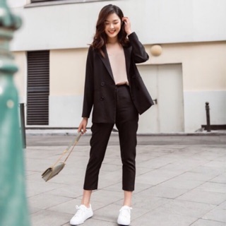 Set vest blazer nữ Lauren đen MAIIMER dáng suông quần baggy