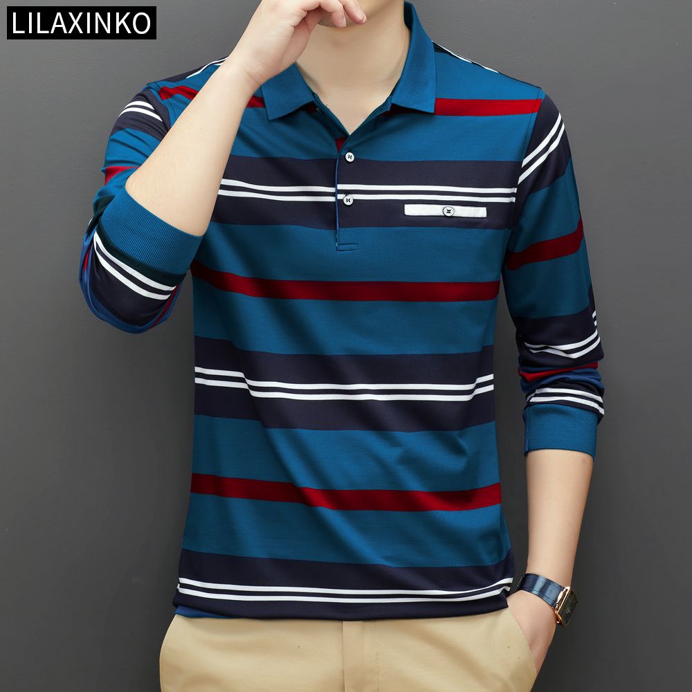 Áo Thun Polo Tay Dài Kẻ Sọc 2 Màu Thời Trang Thu Đông Cho Nam
