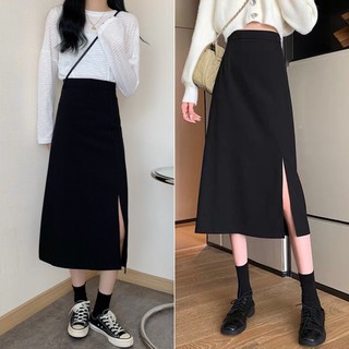 Chân váy dài chữ a midi xẻ tà màu đen basic bc125