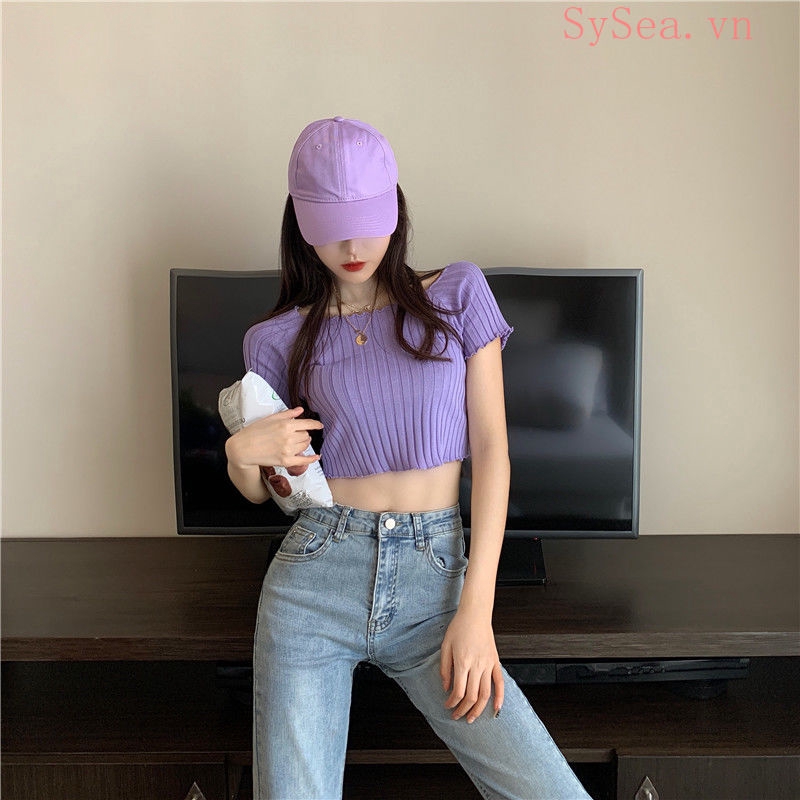  Áo Croptop Dệt Kim Nữ Tay Ngắn Màu Xanh Lá