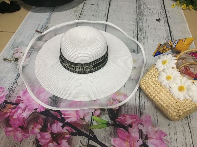 Mũ cói đi biển vành siêu rộng viền lưới cực sang chảnh