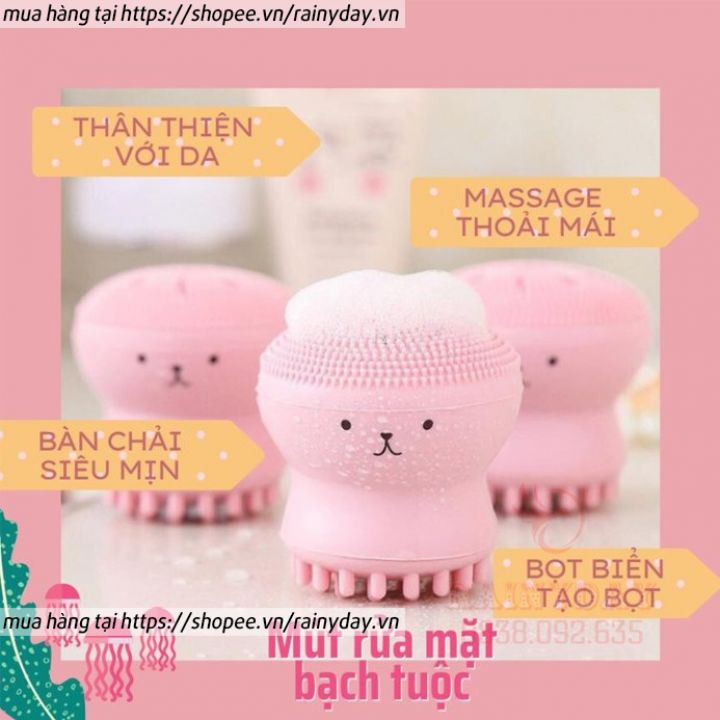 Mút bông Cọ rửa mặt bạch tuộc silicon 2 đầu gai massage mềm mại cầm tay - có hộp