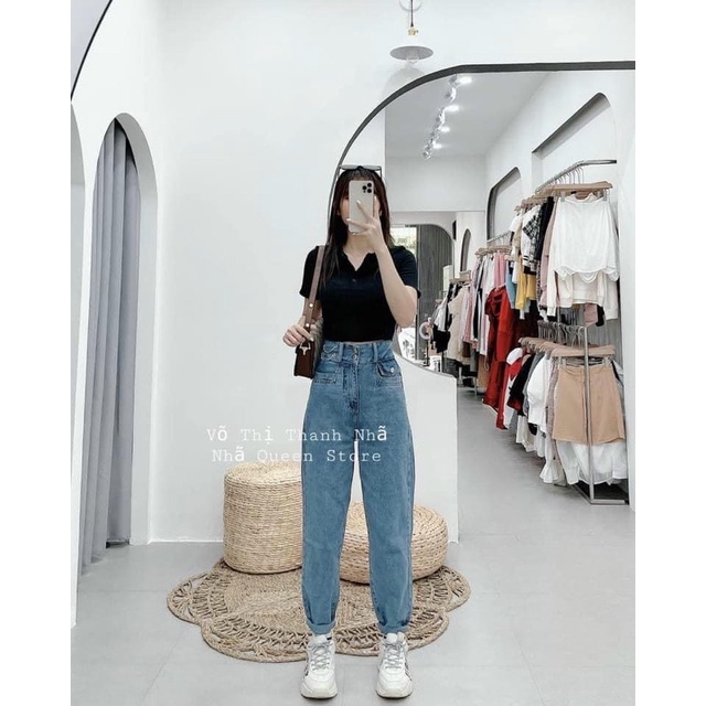 Quần jeans baggy lưng cao 2 khuy túi nắp xích cạp