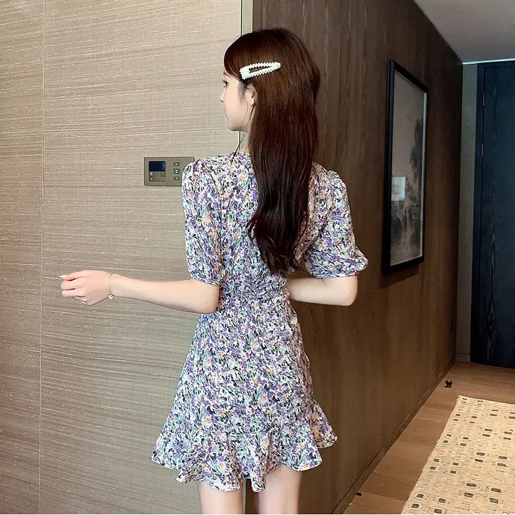 Đầm Nữ Dáng Chữ A Hoa Nhí Cổ Chữ V Đắp Chéo Nhúng Eo Đuôi Cá Vải Đẹp Mát - MSP D11