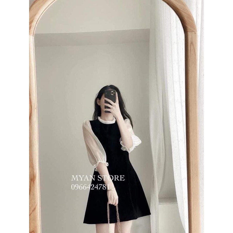 Đầm 🌸𝑭𝑹𝑬𝑬𝑺𝑯𝑰𝑷🌸 Váy tay lỡ đen phối ren dáng suông vải sạn xốp siêu đẹp  HOLA.STORE