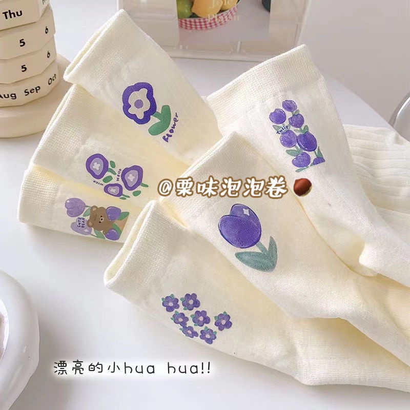 Vớ Dài Mỏng Họa Tiết Hoa Tulip Màu Tím / Trắng Đơn Giản Thời Trang Cho Nữ