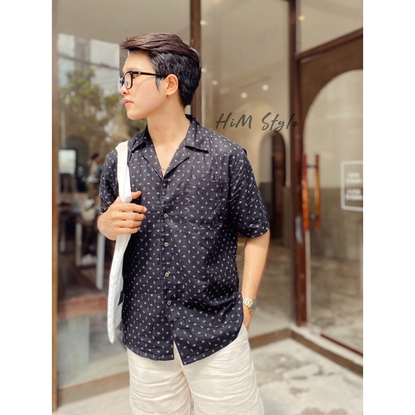 Áo Sơ Mi Tay Ngắn Linen Tưng Đen In Hoạ Tiết