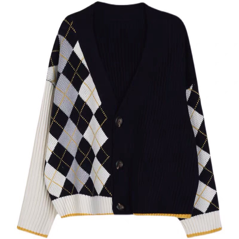 Áo khoác cardigan 2 màu hoạ tiết kim cương phối viền cam - Miss girl