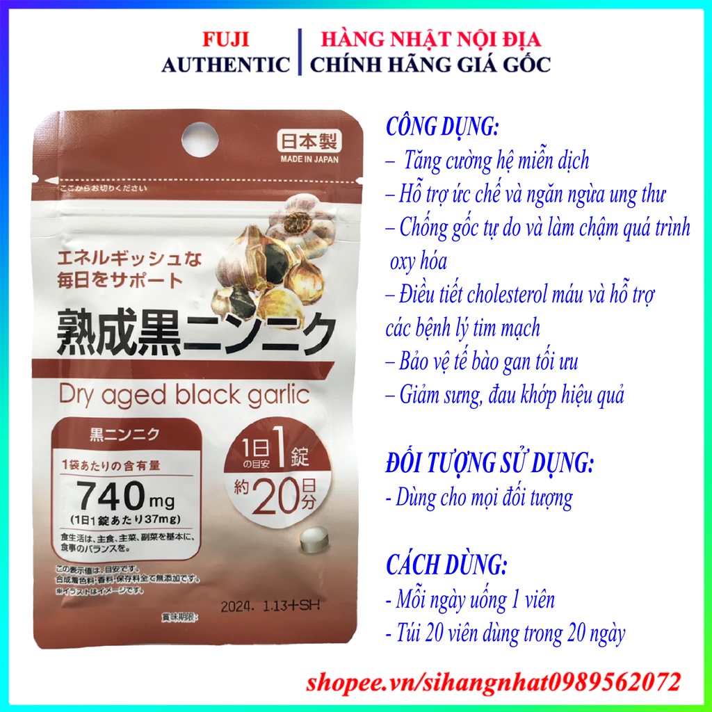 Tỏi đen Dry Aged Black Garlic tăng cường hệ miễn dịch chống lão hóa túi 20 ngày Nhật Bản