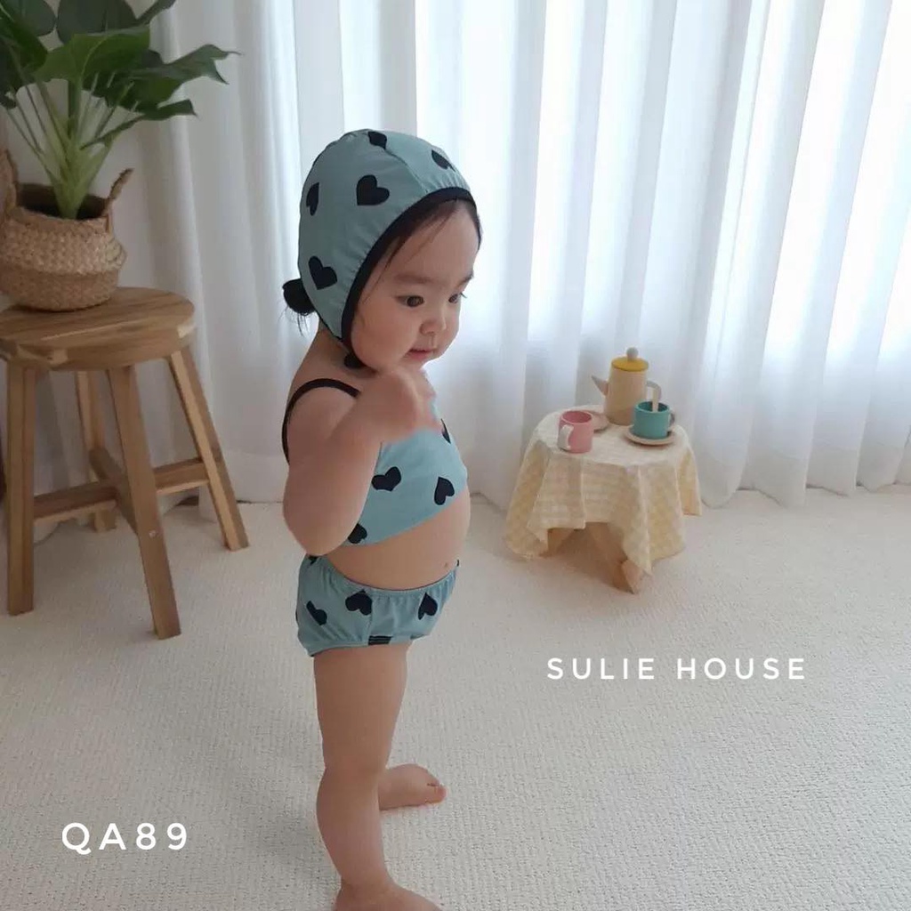 Bộ bơi 2 mảnh tim xanh kèm mũ - QA89