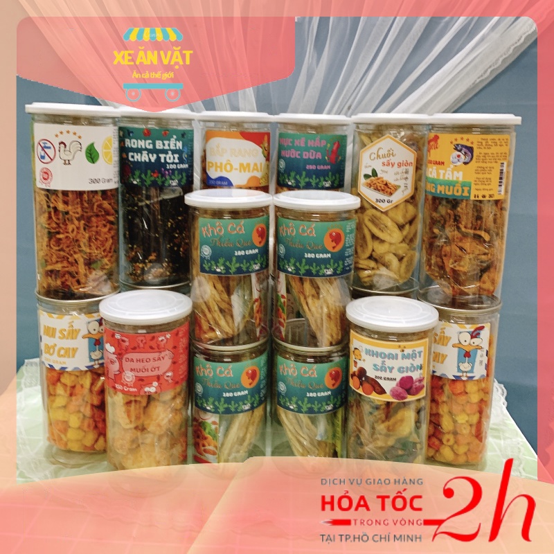 Các Món Ăn Vặt Khô Gà Lá Chanh,Mực Cán Tẩm, Mực Xé, Da Heo, Khô Cá Thiều, Nui Sấy Đóng Hũ ngon, rẻ, chất lượng