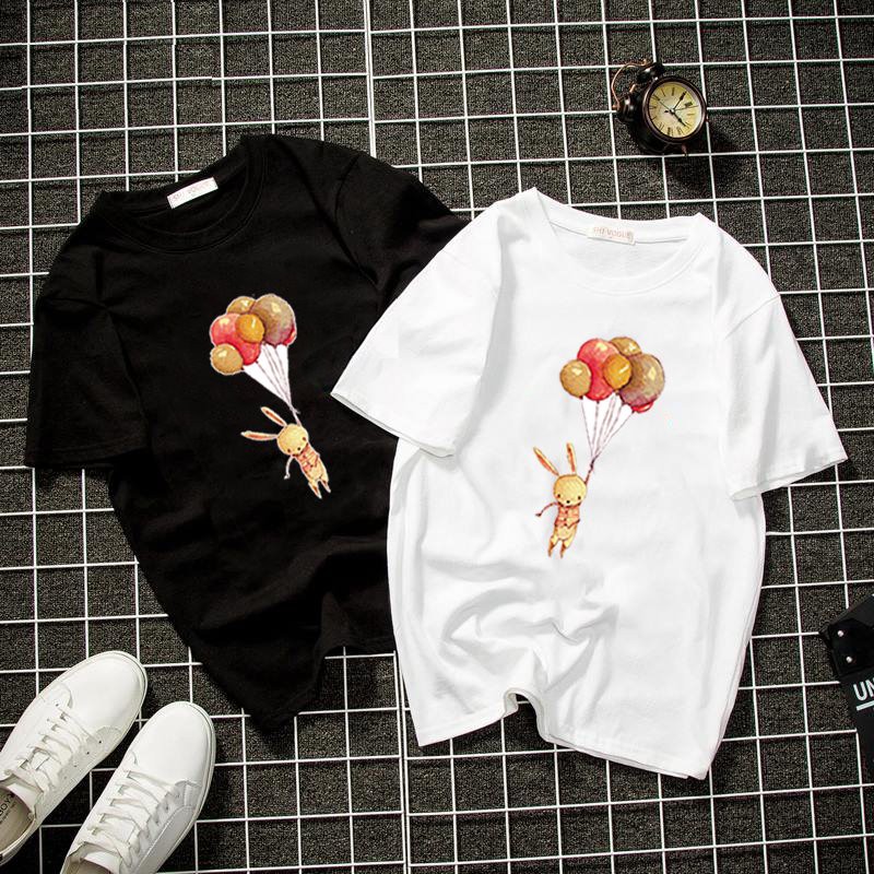 Áo phông nam nữ in hình dễ thương thỏ đu bóng bay form rộng vải dày mịn 2020T2861