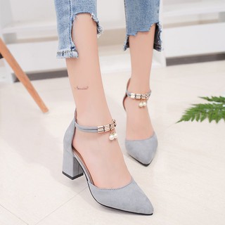 Giày cao gót/Giày nữ, quai cài, đế vừa, gót thô, phong cách Hàn Quốc (kèm ảnh thật)
