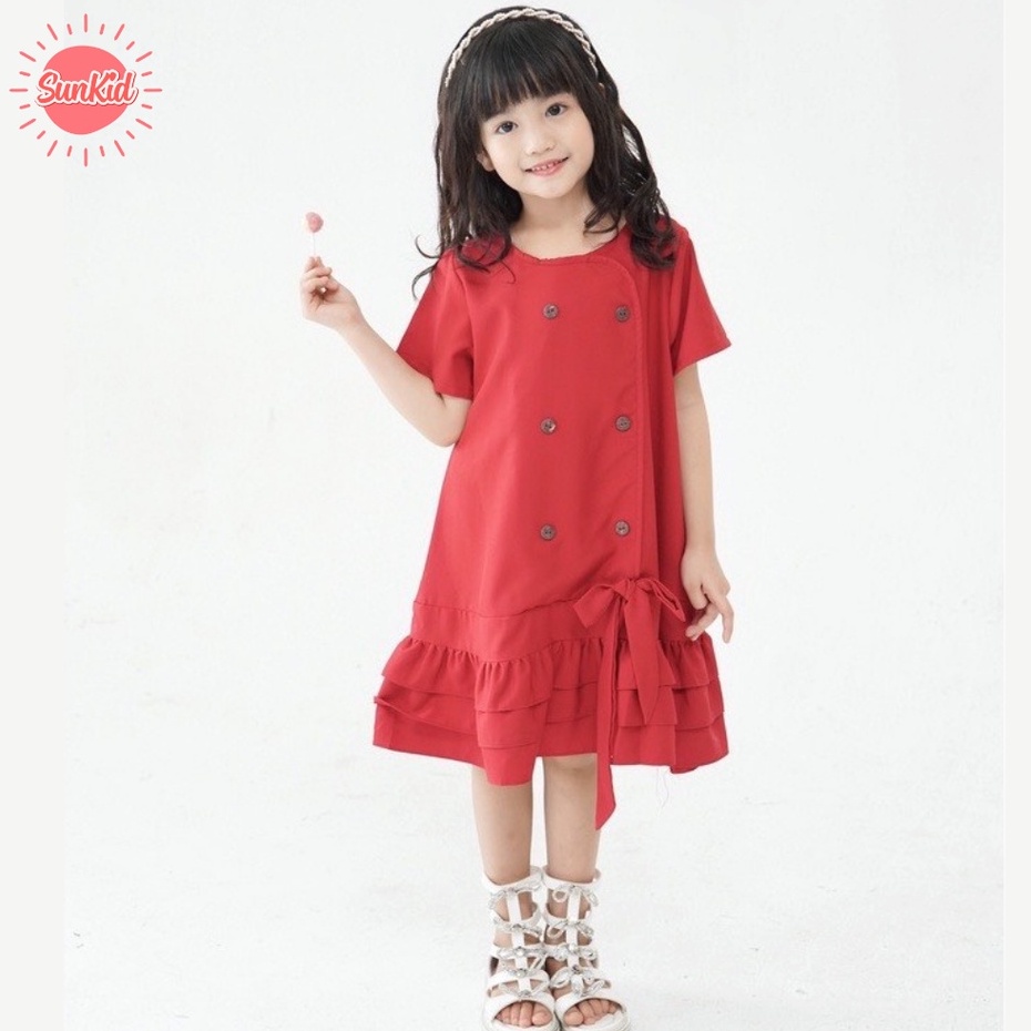 Váy đầm bé gái đỏ dáng suông thắt nơ vải trượt nhật cao cấp mùa hè Sunkid SM màu đỏ size trẻ em 4-12 tuổi