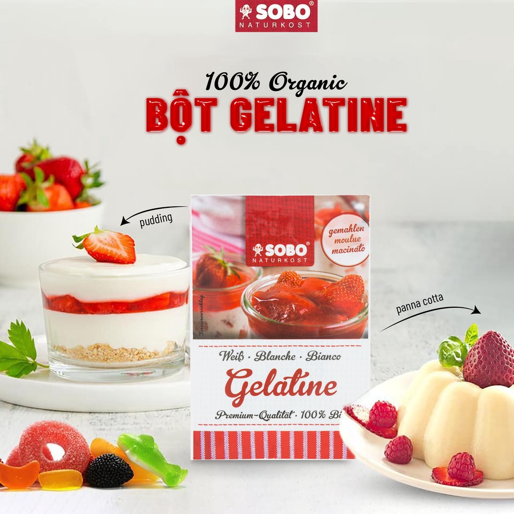 Gelatin hữu cơ Sobo dạng bột/dạng lá nguyên liệu làm kẹo làm thạch cho bé