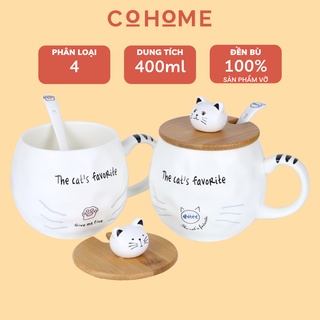 Cốc Sứ Bo Tròn Hình Mèo Cực Đáng Yêu 400ml Có Nắp